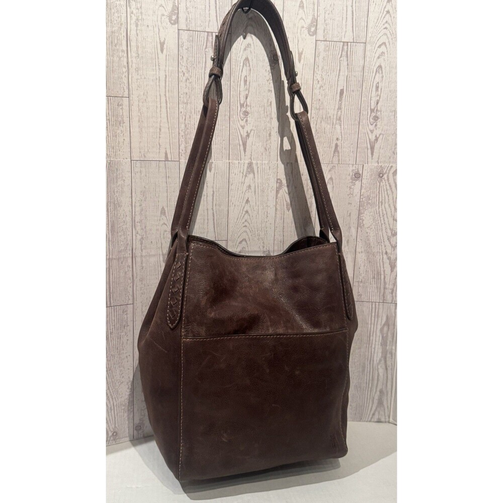 Frye Reed Hobo Bag Distressed Leather Bucket Shoulder Purse Magnetic Snap Cognac